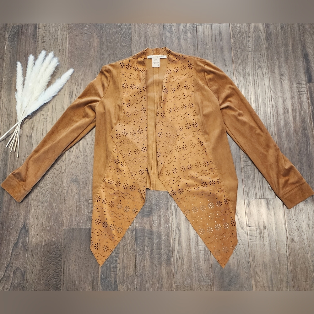American Rag, Tan suede floral laser cut jacket, size M